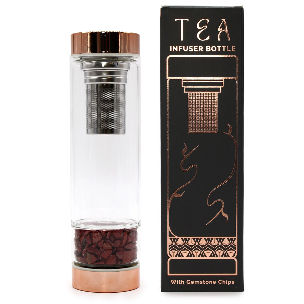 Red Jasper Crystal Glass Tea Infuser Bottle - Rose Gold