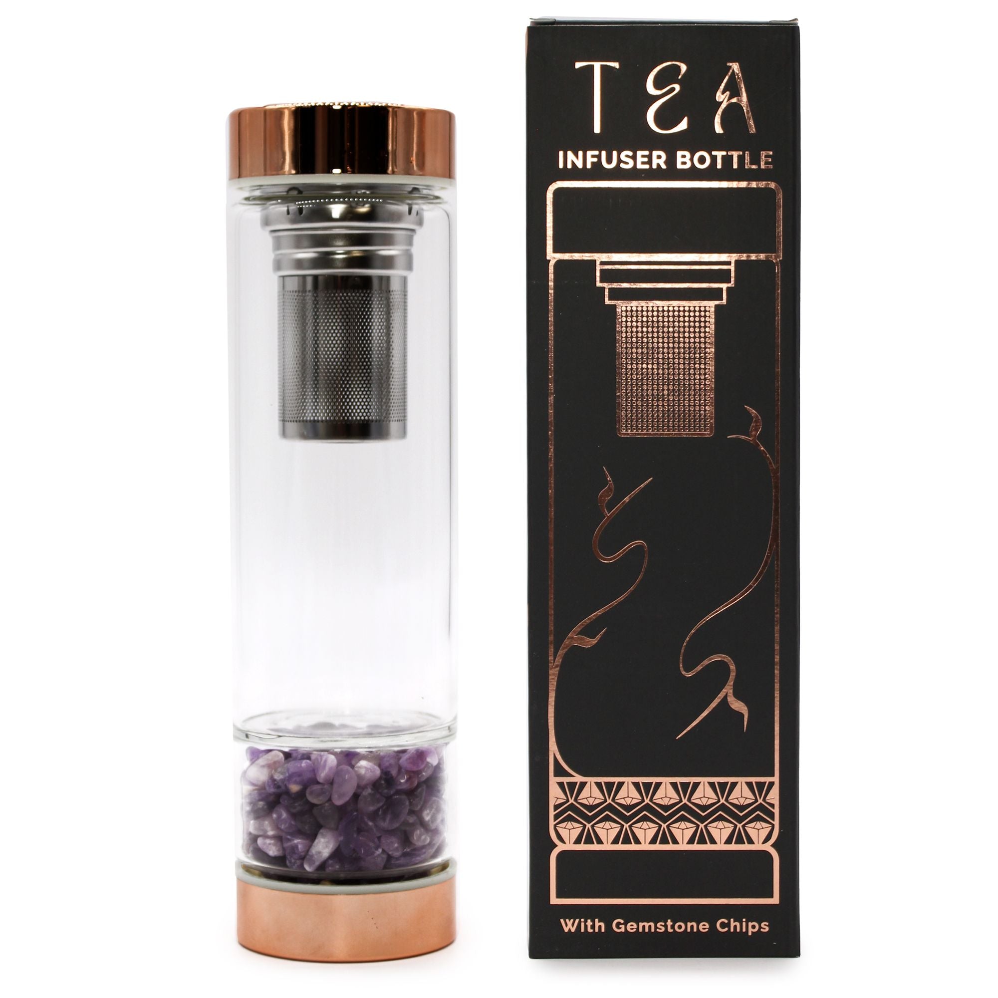 Amethyst Crystal Glass Tea Infuser Bottle - Rose Gold