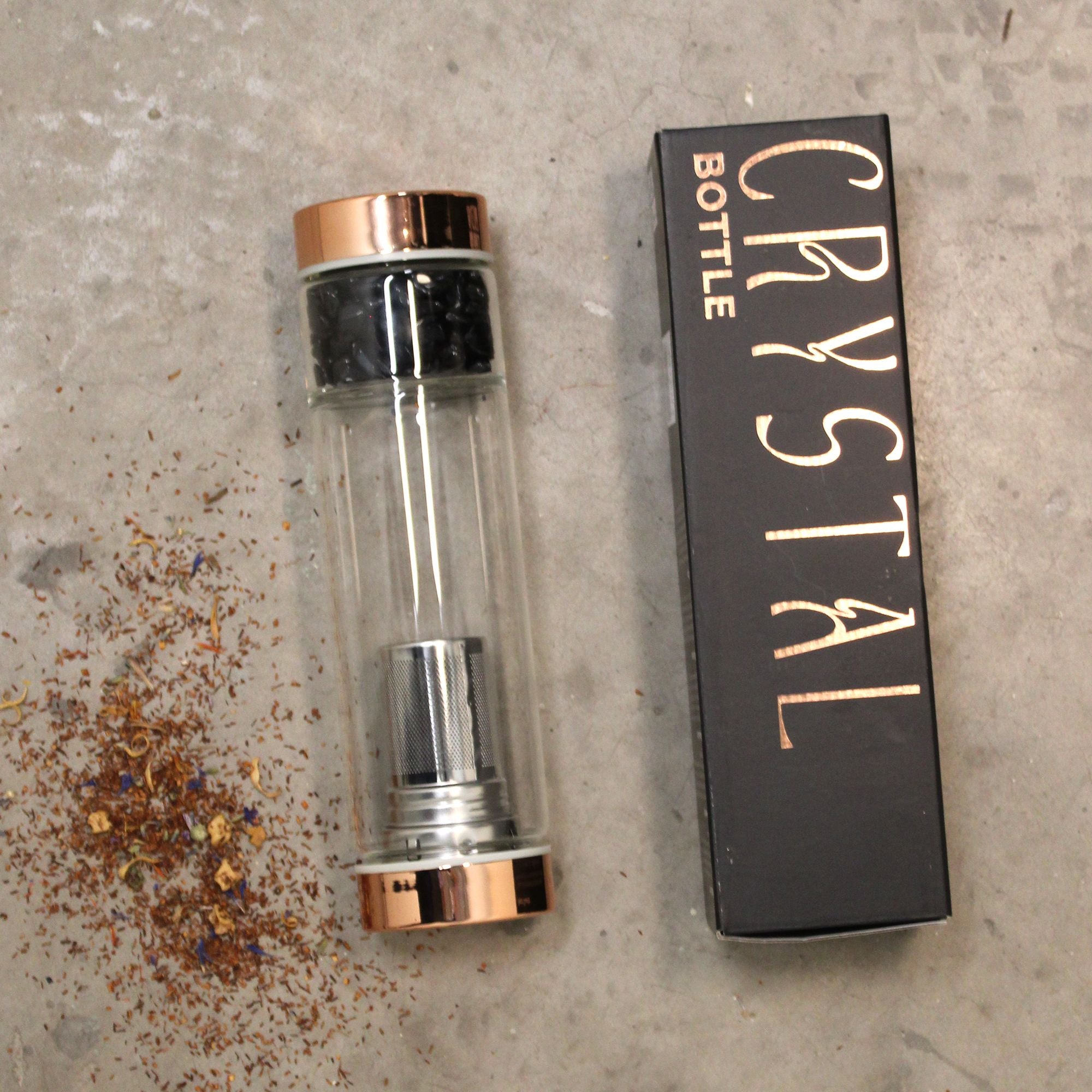 White Quartz Crystal Glass Tea Infuser Bottle - Rose Gold
