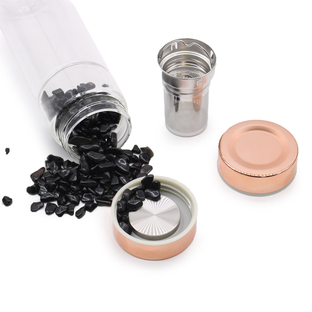 Red Jasper Crystal Glass Tea Infuser Bottle - Rose Gold