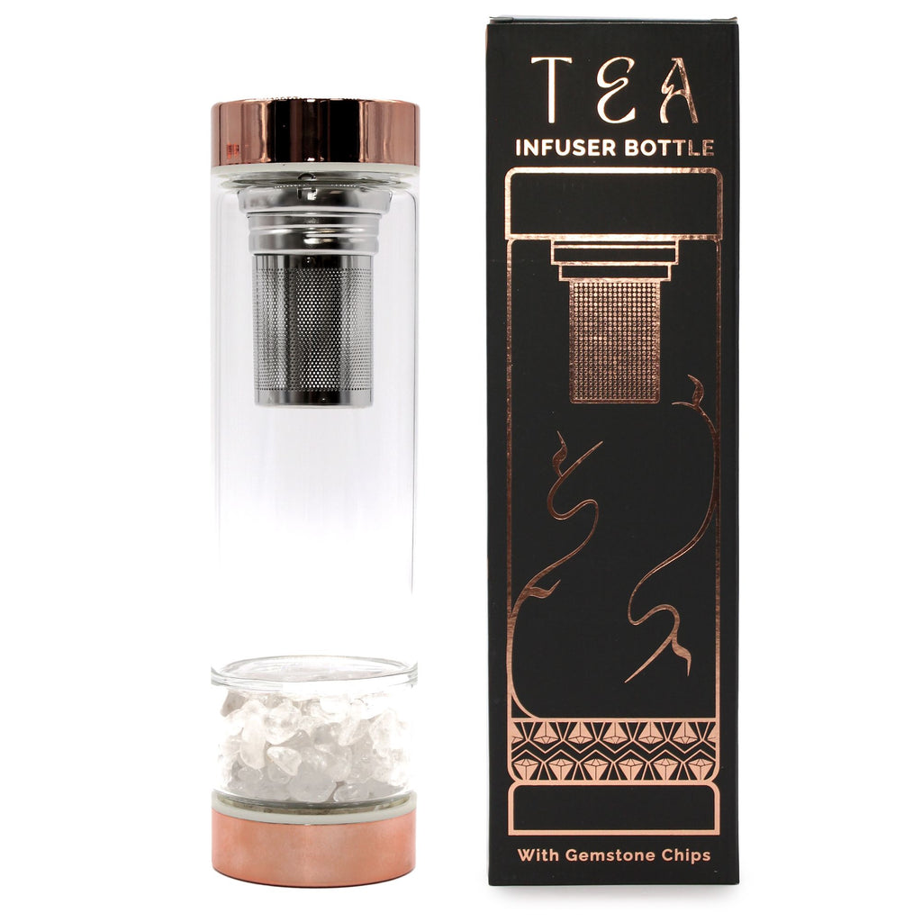 White Quartz Crystal Glass Tea Infuser Bottle - Rose Gold